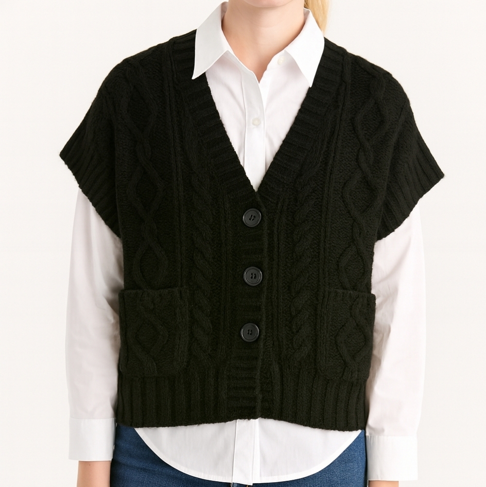 Banana Republic Womens Black Cable Knit Cardigan Wool Blend Size S Alpaca Office